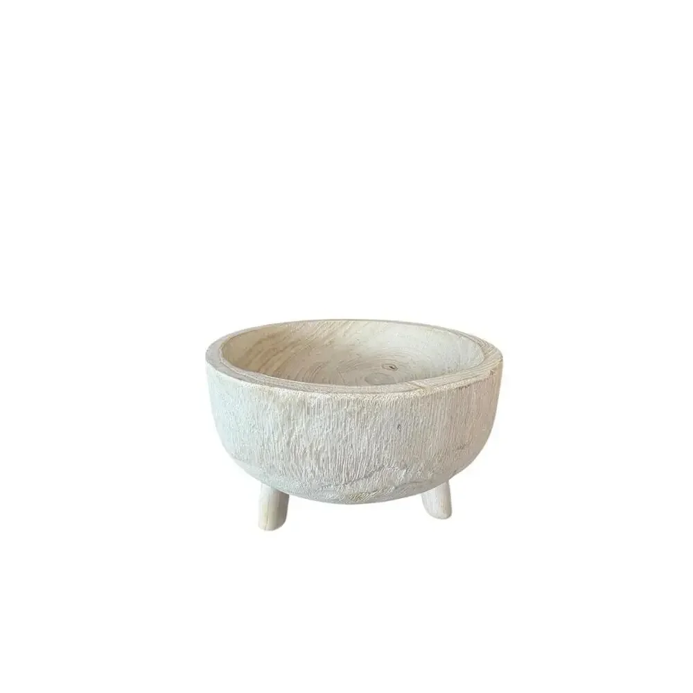 Hand Carved‎ Wooden Tripod Bowl Whitewashed Footed Primitive Style Decor